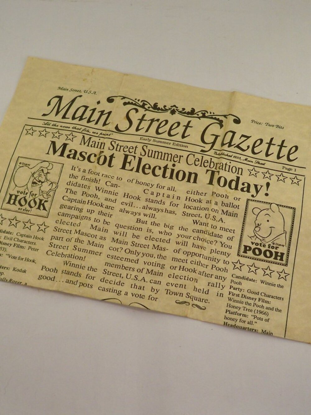Hook, Pooh Main Street Mascot Election Gazette* 1995 Vintage Ephemera